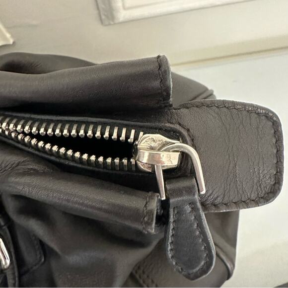 Vintage Prada Black Top Handle Bag Satchel Crossbody Silver Logo Belt Designer - Picture 14 of 16